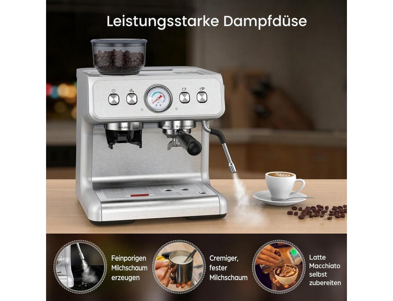 COWSAR Espressomaschine mit Mahlwerk & Milchaufschäumer – 15 Bar Pumpendruck, 30 Mahlgrade, Schnellaufheizung, 2,8L Wassertank, Für Espresso, Cappuccino Bild 2