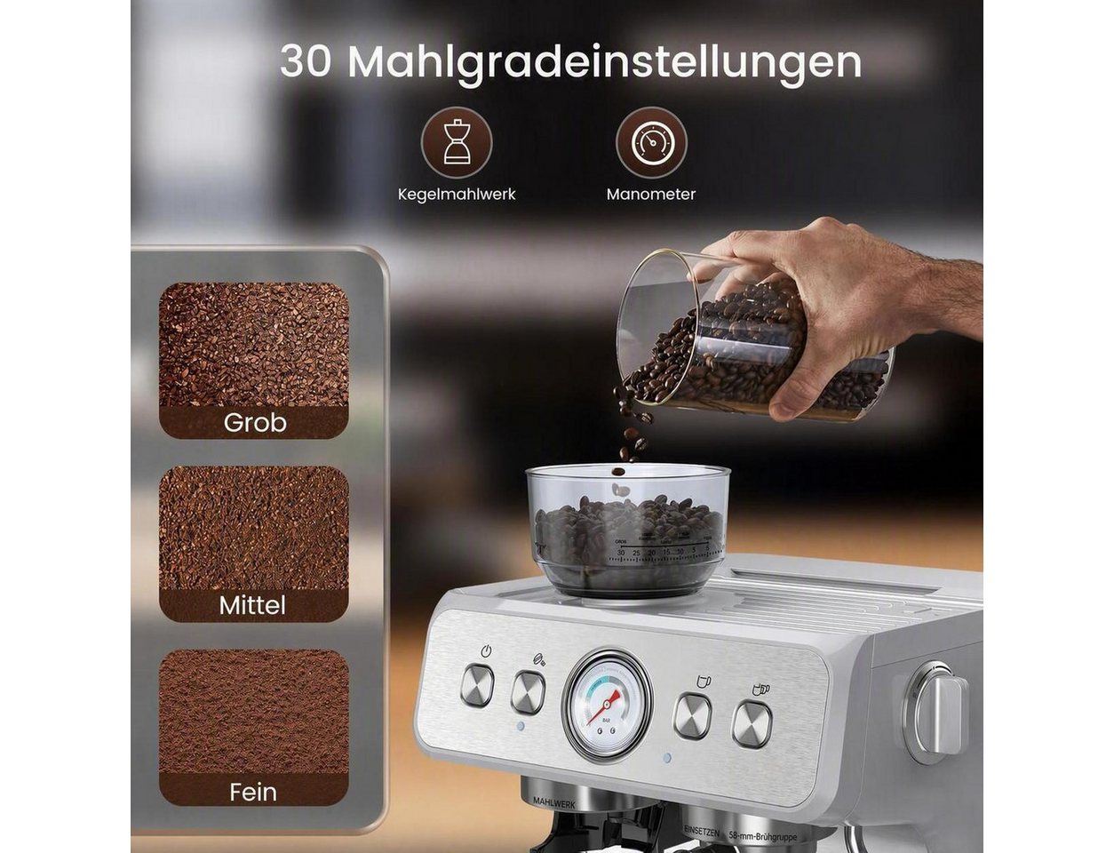 COWSAR Espressomaschine mit Mahlwerk & Milchaufschäumer – 15 Bar Pumpendruck, 30 Mahlgrade, Schnellaufheizung, 2,8L Wassertank, Für Espresso, Cappuccino Bild 4
