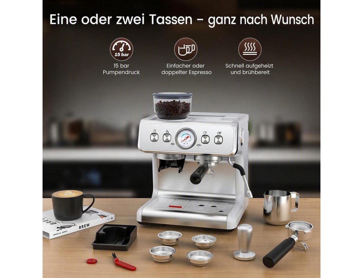 COWSAR Espressomaschine mit Mahlwerk & Milchaufschäumer – 15 Bar Pumpendruck, 30 Mahlgrade, Schnellaufheizung, 2,8L Wassertank, Für Espresso, Cappuccino Bild 5