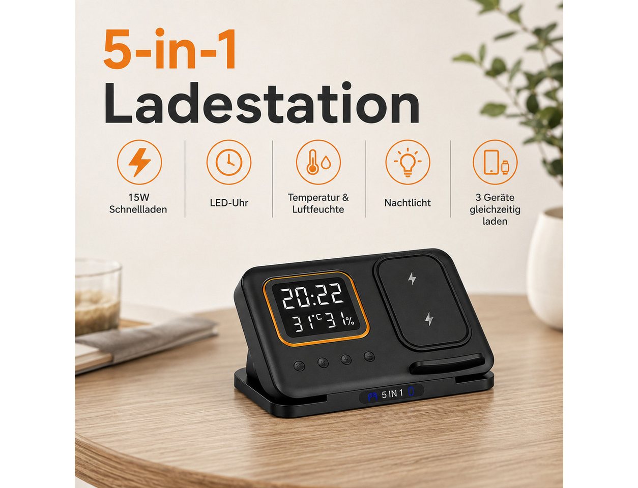Fyrove Ladegerät,5-in-1 Wireless Charger 15W,induktive Ladestation für iPhone Ladestation (Apple Watch & AirPods, Digitalwecker, LED-Nachtlicht, Temperatur & Luftfeuchte Highlights)