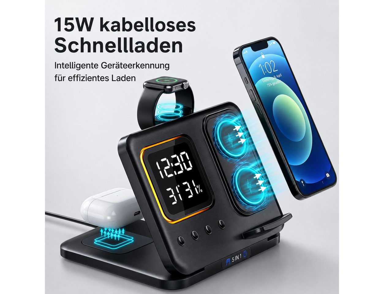 Fyrove Ladegerät,5-in-1 Wireless Charger 15W,induktive Ladestation für iPhone Ladestation (Apple Watch & AirPods, Digitalwecker, LED-Nachtlicht, Temperatur & Luftfeuchte Highlights) Bild 2
