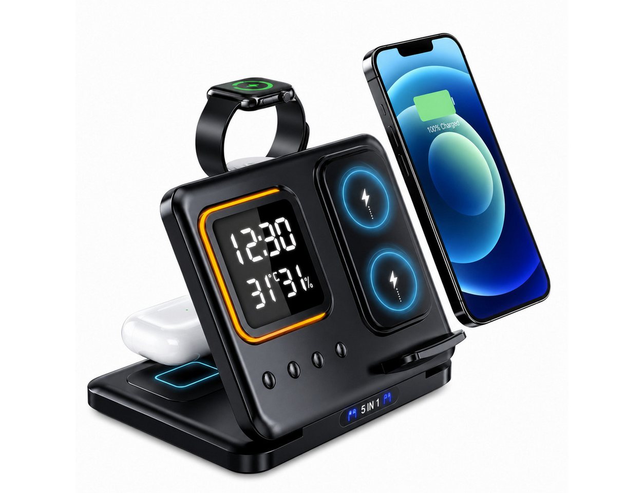 Fyrove Ladegerät,5-in-1 Wireless Charger 15W,induktive Ladestation für iPhone Ladestation (Apple Watch & AirPods, Digitalwecker, LED-Nachtlicht, Temperatur & Luftfeuchte Highlights) Bild 3