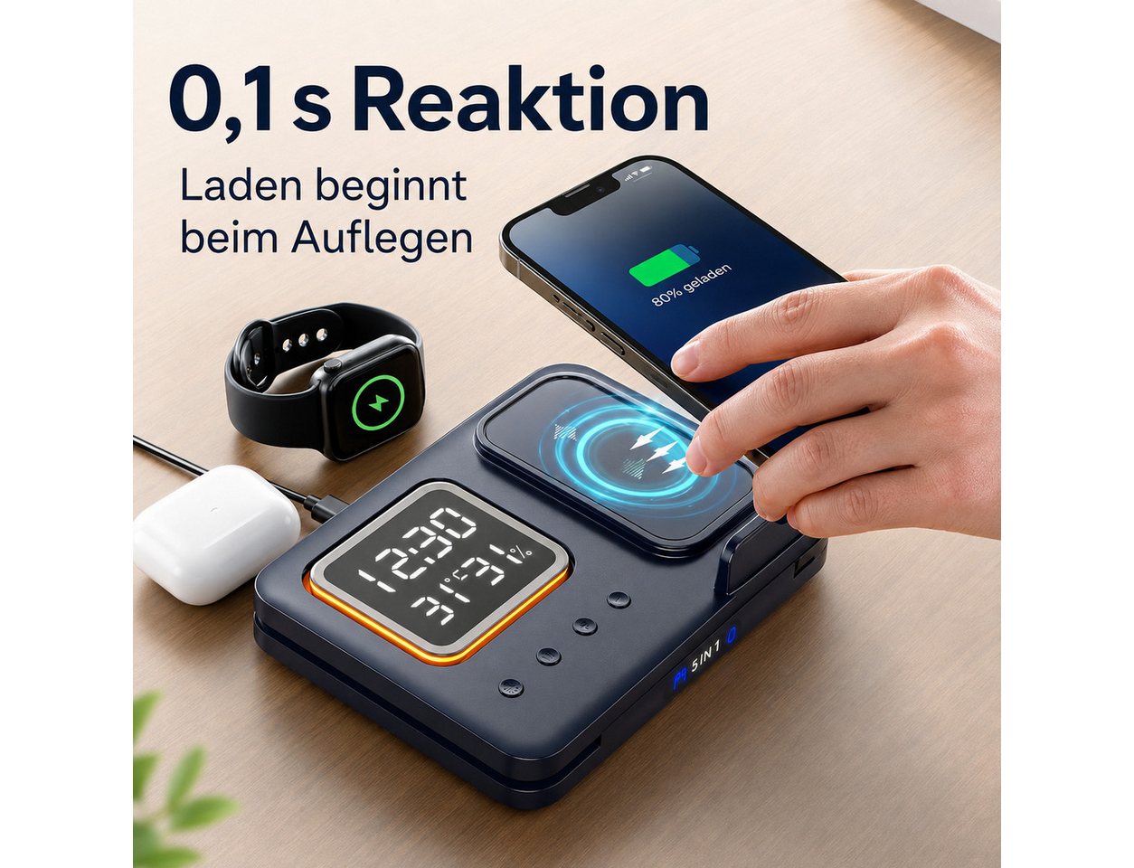 Fyrove Ladegerät,5-in-1 Wireless Charger 15W,induktive Ladestation für iPhone Ladestation (Apple Watch & AirPods, Digitalwecker, LED-Nachtlicht, Temperatur & Luftfeuchte Highlights) Bild 4