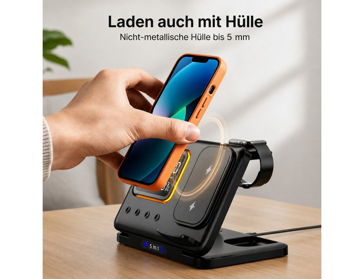 Fyrove Ladegerät,5-in-1 Wireless Charger 15W,induktive Ladestation für iPhone Ladestation (Apple Watch & AirPods, Digitalwecker, LED-Nachtlicht, Temperatur & Luftfeuchte Highlights) Bild 5