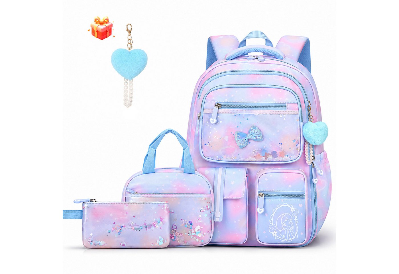 MOPUEA Schulrucksack Schulrucksack Set 3-teilig, Rucksack mit Lunch-Tasche und Mäppchen (3-teiliges Schulrucksack-Set mit Lunch-Tasche und Federmäppchen im Set, Rucksack 45×32×18 cm, Lunch-Tasche 24×18×13 cm, Mäppchen 21×11 cm groß), Viele Fächer, Rückentasche, wasserabweisend, robust und sehr leicht XL