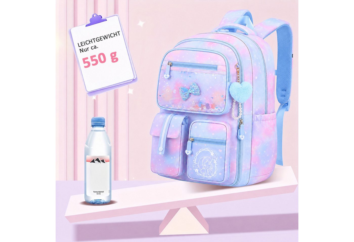 MOPUEA Schulrucksack Schulrucksack Set 3-teilig, Rucksack mit Lunch-Tasche und Mäppchen (3-teiliges Schulrucksack-Set mit Lunch-Tasche und Federmäppchen im Set, Rucksack 45×32×18 cm, Lunch-Tasche 24×18×13 cm, Mäppchen 21×11 cm groß), Viele Fächer, Rückentasche, wasserabweisend, robust und sehr leicht XL Bild 2