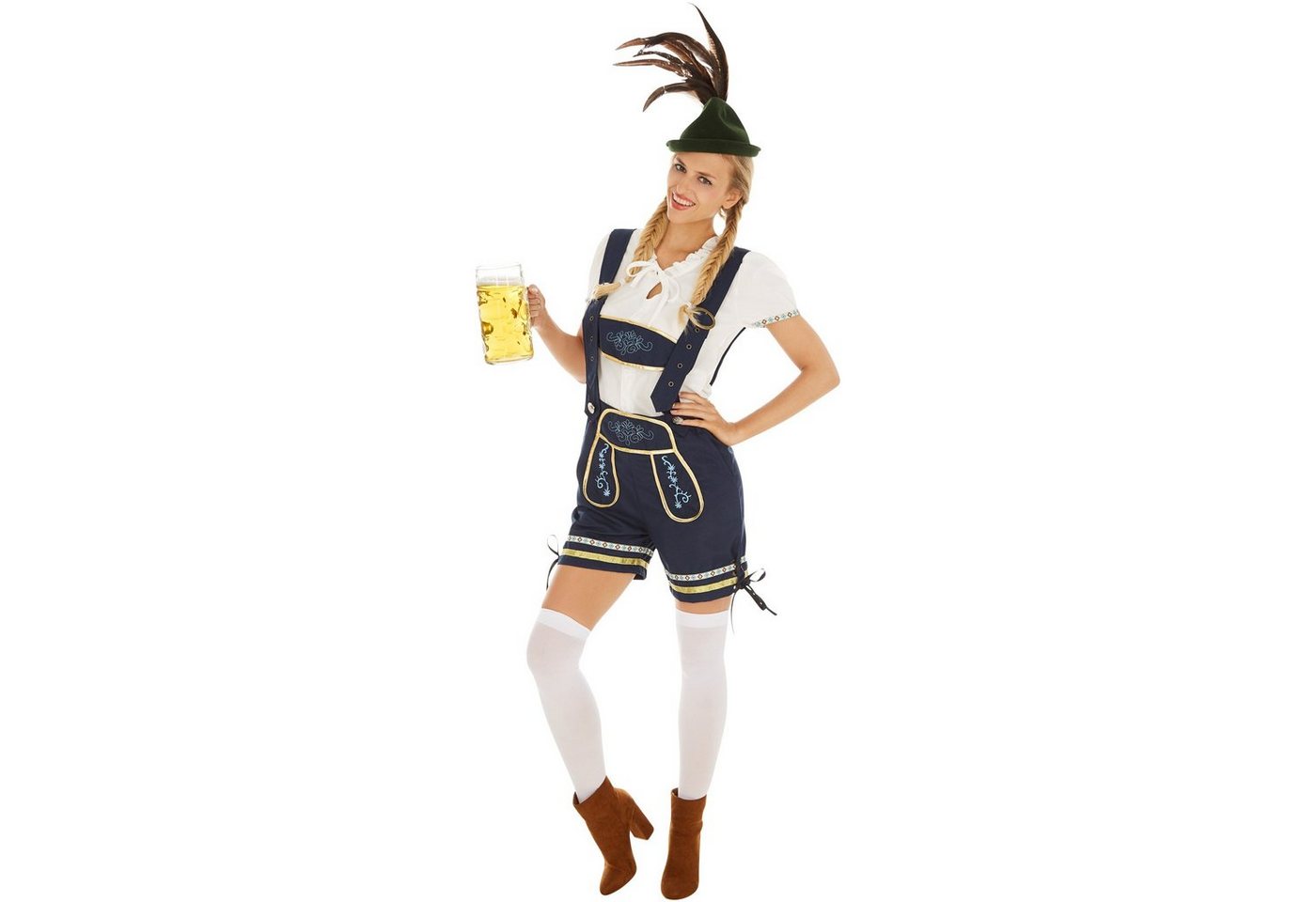 dressforfun Kostüm Dirndlkleid/Frauentracht, in schwarz, Gr. XL, Verstellbare H-Träger, Kniestrümpfe, Kurze fesche Trachtenhose, Jersey-Elastik-T-Shirt