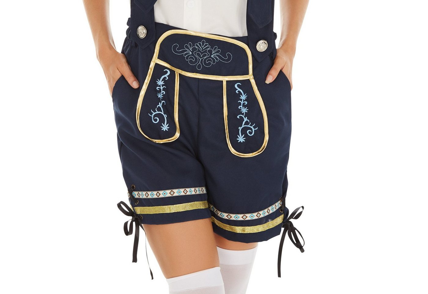 dressforfun Kostüm Dirndlkleid/Frauentracht, in schwarz, Gr. XL, Verstellbare H-Träger, Kniestrümpfe, Kurze fesche Trachtenhose, Jersey-Elastik-T-Shirt Bild 2