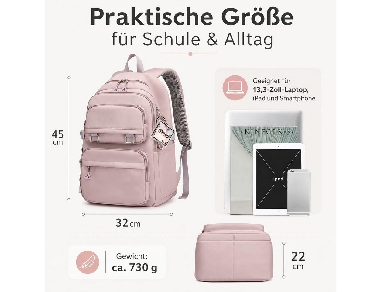 Coonoor Schulrucksack Mehrfachfach-Rucksack Schule Mädchen Jungen Teenager, Bequeme Schultasche, Seitentasche