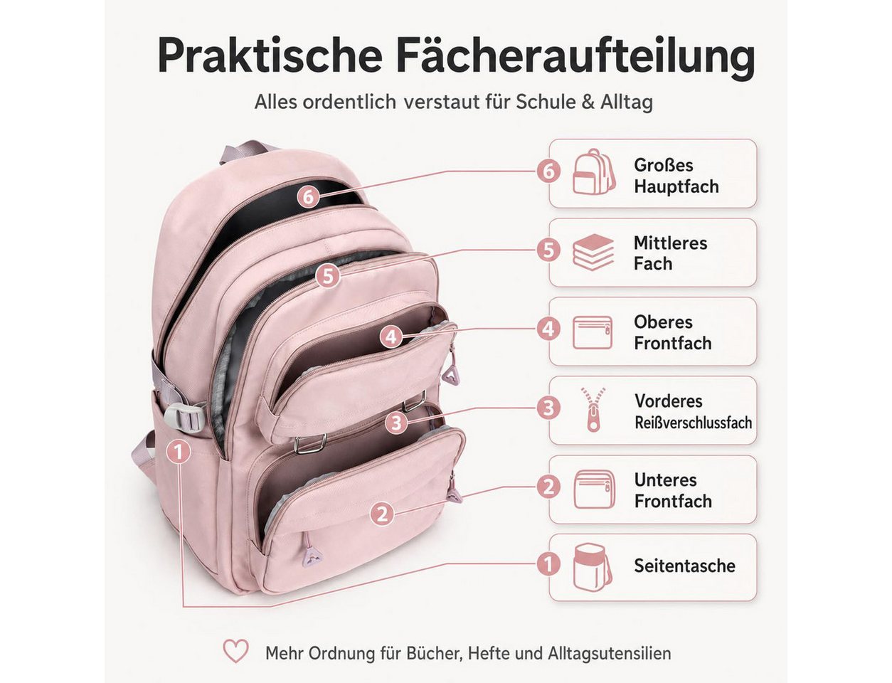 Coonoor Schulrucksack Mehrfachfach-Rucksack Schule Mädchen Jungen Teenager, Bequeme Schultasche, Seitentasche Bild 4