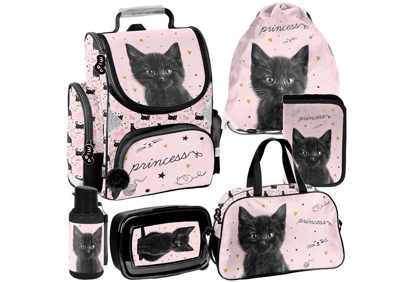 PASO Schulrucksack Mega-Set Kätzchen Princess Schulset 6-tlg. (Rucksack + Turnbeutel + Federmäppchen + Lunchbox + Trinkflasche + Sporttasche, 6-tlg) Bild 3