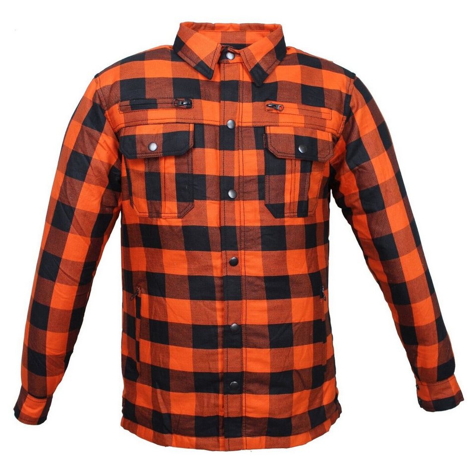 Alpha Speeds Motorradjacke Flanell-Holzfäller Motorrad KEV ARAMID Lumber Biker Hemd SLIM Orange (Wasserdicht & Winddicht & Atmungsaktiv + Belüftungstaschen / Motorradhemd) All Season, wasserdichte Reißverschlüsse, mit Protektoren