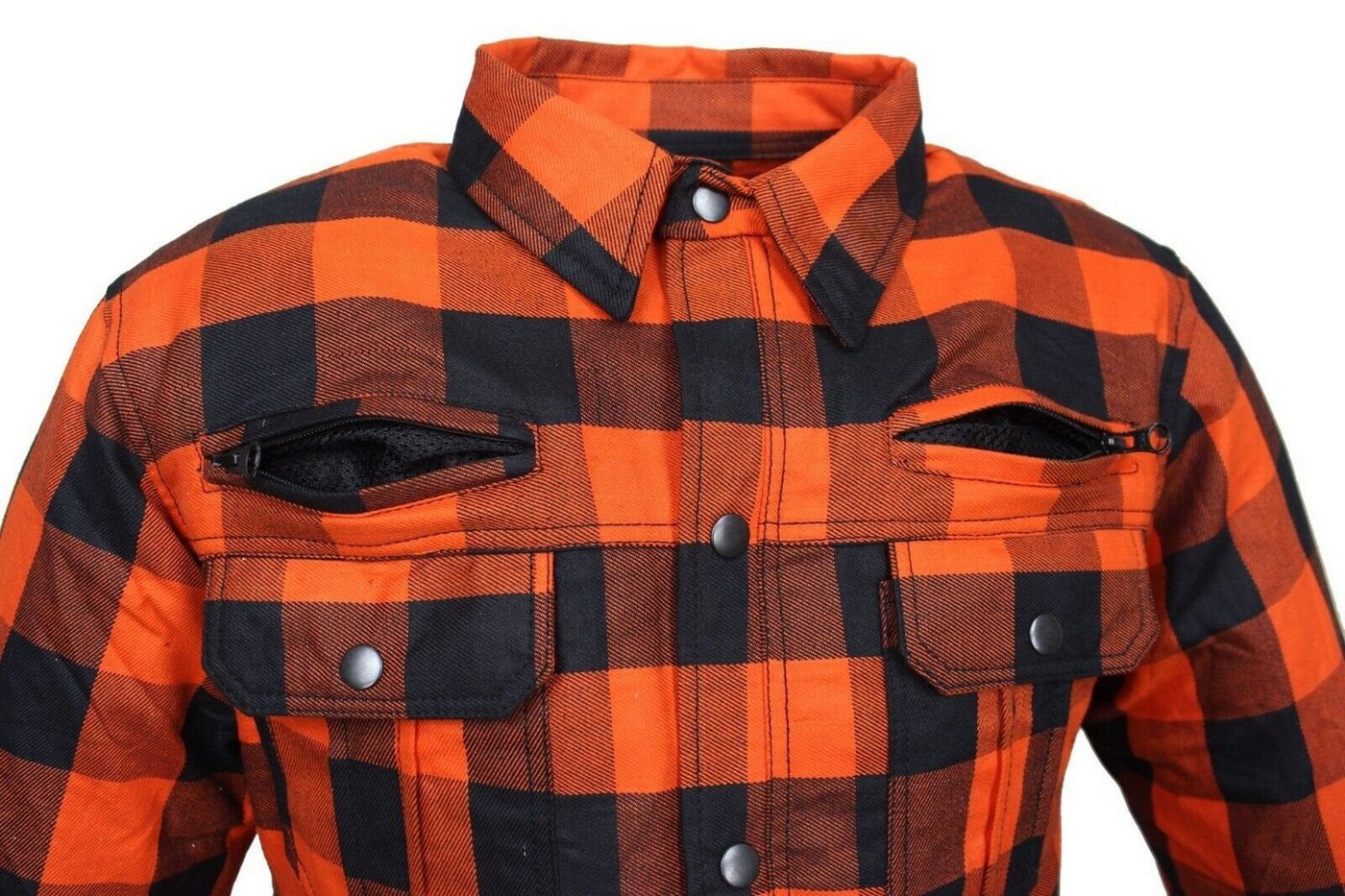 Alpha Speeds Motorradjacke Flanell-Holzfäller Motorrad KEV ARAMID Lumber Biker Hemd SLIM Orange (Wasserdicht & Winddicht & Atmungsaktiv + Belüftungstaschen / Motorradhemd) All Season, wasserdichte Reißverschlüsse, mit Protektoren Bild 2