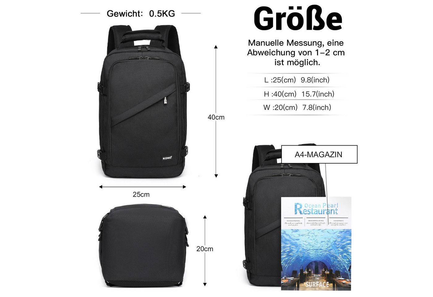 KONO Tagesrucksack 20L, Kabinenrucksack 40x20x25 cm für für Ryanair, Unter-Sitz-Tasche (1-tlg) Bild 4