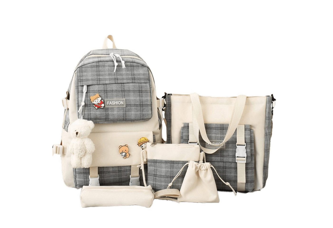 Coonoor Schulrucksack 5-teiliges Kawaii-Rucksack-Set mit Karomuster, Schulranzen, Umhängetasche, Federmäppchen, mit Kawaii-Bärenanhänger
