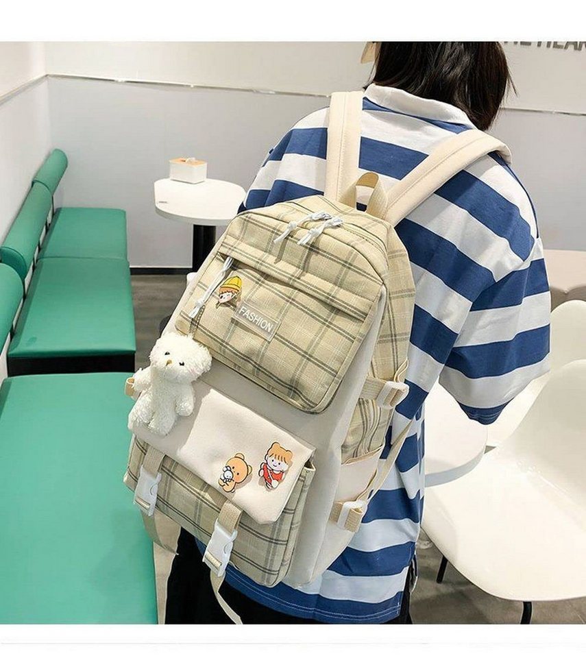 Coonoor Schulrucksack 5-teiliges Kawaii-Rucksack-Set mit Karomuster, Schulranzen, Umhängetasche, Federmäppchen, mit Kawaii-Bärenanhänger Bild 2