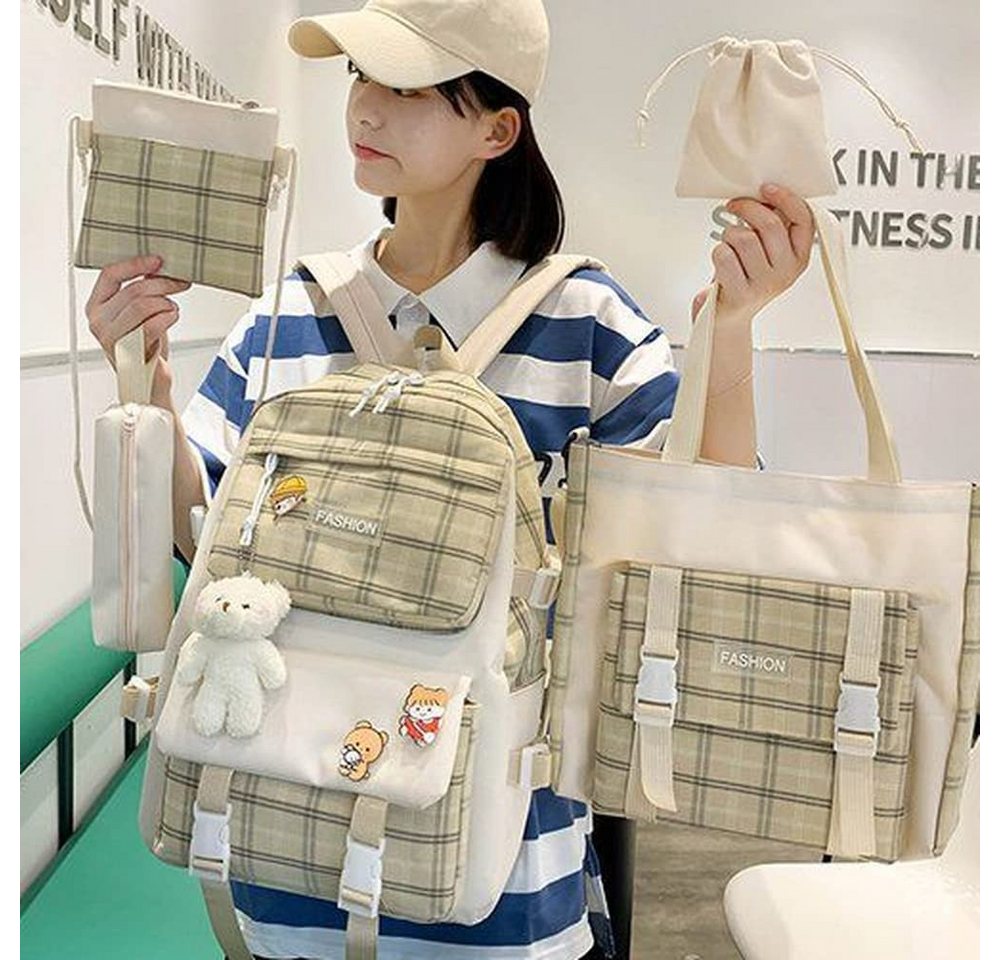 Coonoor Schulrucksack 5-teiliges Kawaii-Rucksack-Set mit Karomuster, Schulranzen, Umhängetasche, Federmäppchen, mit Kawaii-Bärenanhänger Bild 3