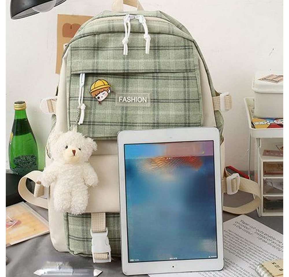 Coonoor Schulrucksack 5-teiliges Kawaii-Rucksack-Set mit Karomuster, Schulranzen, Umhängetasche, Federmäppchen, mit Kawaii-Bärenanhänger Bild 5