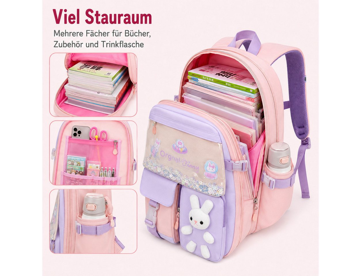 Fyrove Schulrucksack Mädchen Kinderrucksack mit 180° Frontöffnung, Brustgurt (reflektierenden Details, wasserabweisend), viel Stauraum, 32 × 17 × 45 cm, für Schule Bild 2