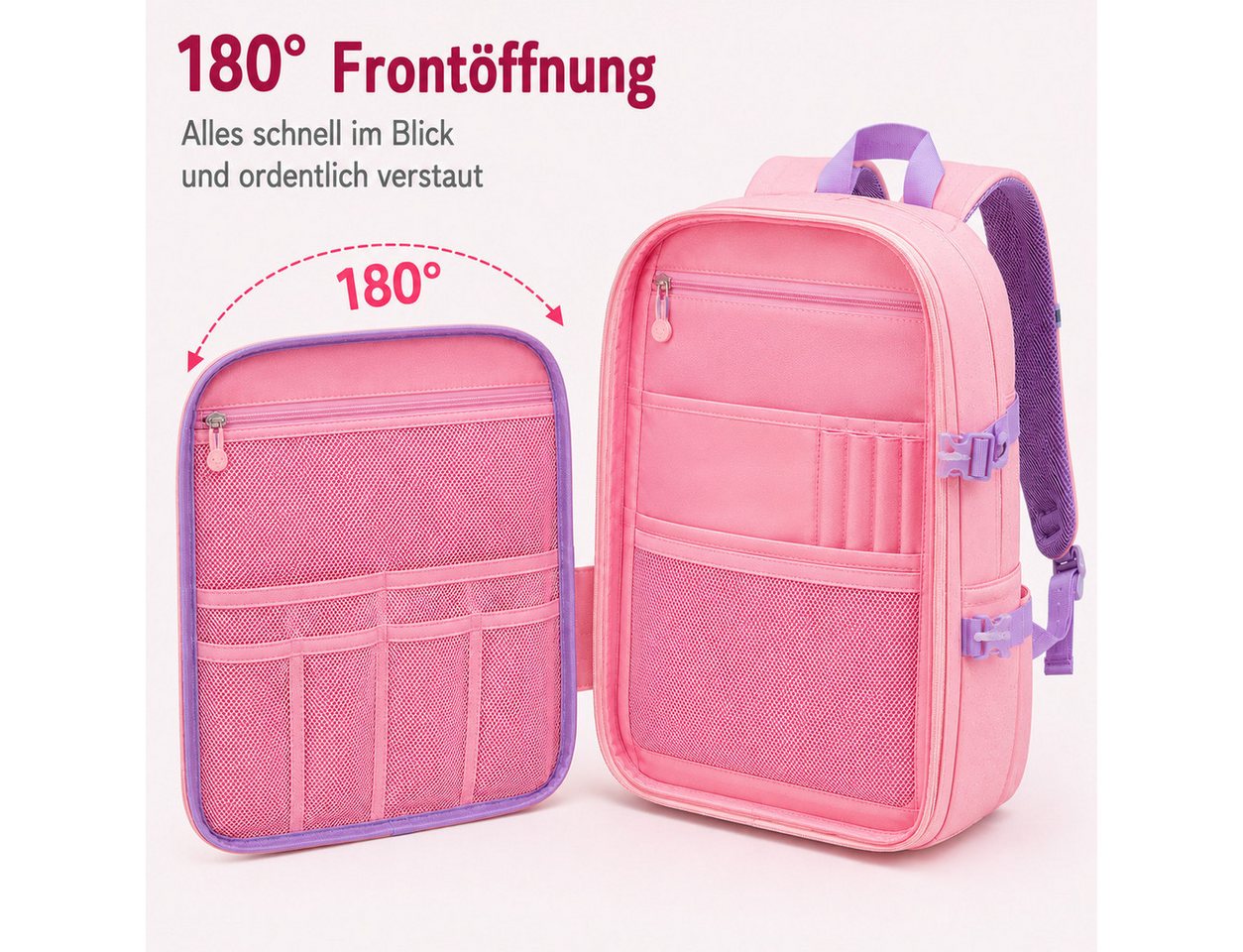 Fyrove Schulrucksack Mädchen Kinderrucksack mit 180° Frontöffnung, Brustgurt (reflektierenden Details, wasserabweisend), viel Stauraum, 32 × 17 × 45 cm, für Schule Bild 5