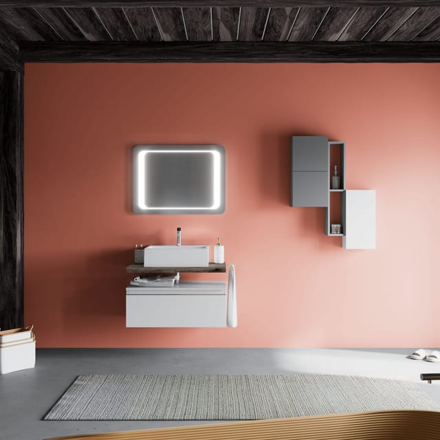 Kiamami Valentina - Wandhängender Badezimmerschrank 80Cm Mit Weisser Schublade, Eiche Fossil Platte, Waschbecken Lagos