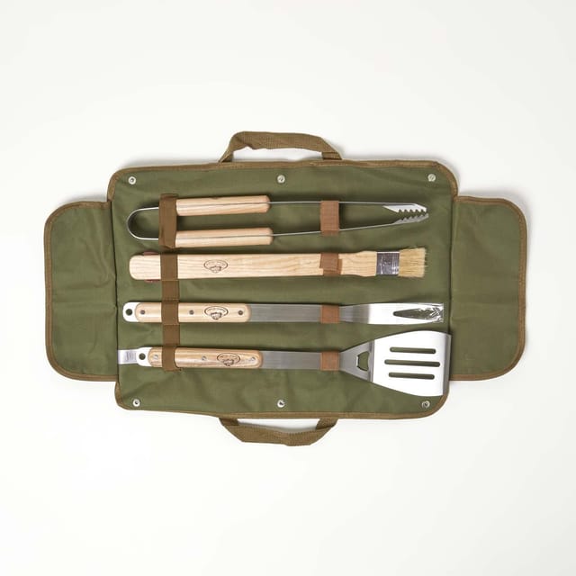 Homescapes - Grillbesteck-Set 4-tlg im Canvas-Etui, olivgrün
