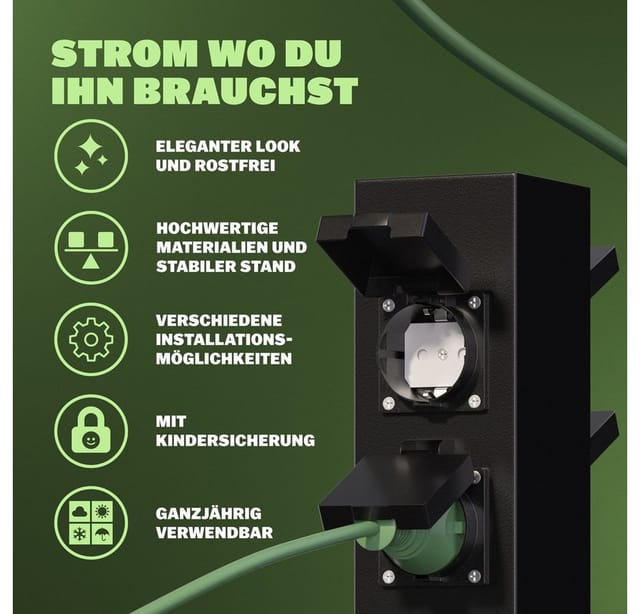 Gartensteckdose IP44 Metallspieß Garten Außensteckdose Steckdosensäule Mehrfachsteckdose Steckdosenverteiler Edelstahl Schwarz 4-fach Steckdose