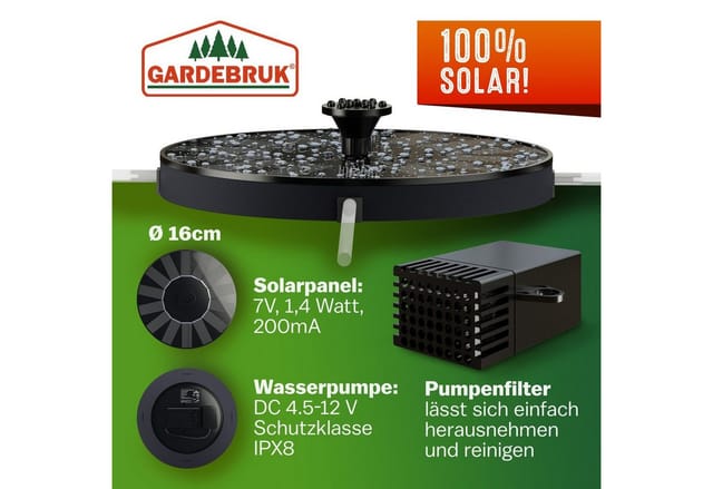 GARDEBRUK® Solar Springbrunnen 7 Effekte 180L/h Solarpanel 160mm 1,4 Watt Garten Wasserspiel Gartenbrunnen Wasserpumpe Teichpumpe Solarbrunnen Fontäne