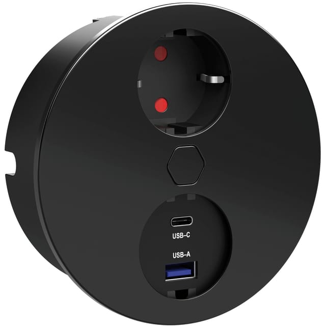 Einbausteckdose mit usb c +a ø 118mm Duplex-R - Steckdose mit elektrischer Abdeckung per Knopfdruck, Edelstahl schwarz 230V