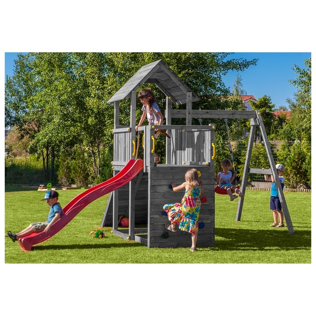 Fungoo Spielturm "Carol 3", grau, mit Rutsche, Schaukel, Kletterwand, Rampe und Holzdach
