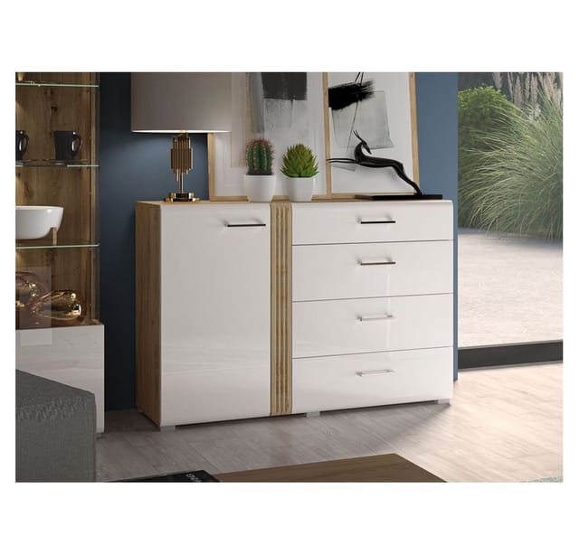 Moderne Wohnzimmer Kommode in Eiche Castello Nb. mit weiß Hochglanz AKRON-131 mdf Front mit edler Fräsung, b/h/t: ca. 134/90/42 cm