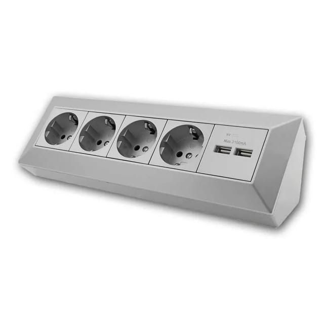 Chilitec - 4-fach Steckdosenblock + 2x usb, silber, ideal für Arbeitsplatten