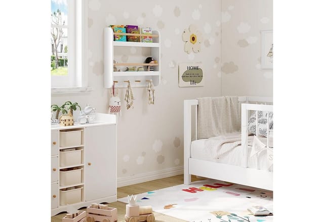 Kinder Bücherregal, Wandregal, Kinderregal, Spielzeugregal, Aufbewahrungsregal mit 2 Ablagen 4 Haken, Regal für Bücher Spielzeug, für Kinderzimmer,