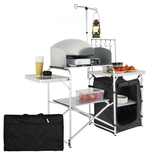 Campingküche Outdoor Faltbar 78 X 49 X 13 Cm, Alu Campingschrank, Camping Küche Mit Windschutz, Campingmöbel Reiseküche Inkl. Haken & Lampenmast 66-121 Cm, Küchenschrank Campingtisch Reisen - Vevor