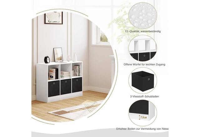 WOLTU Bücherregal mit 3 Schubladen aus Vliesstoff, Standregal mit 6 Fächern, Würfelregal für Schlafzimmer Wohnzimmer Arbeitszimmer Büro, Weiß,