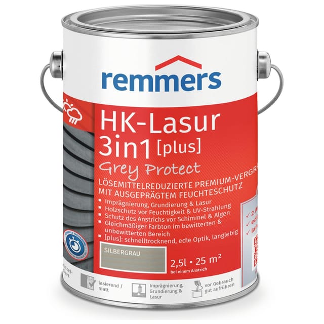 HK-Lasur 3in1 Grey Protect [plus] silbergrau, matt, 2,5 Liter, Holzlasur, Premium Holzlasur außen, natürliche Grautöne, 3in1 Holzschutz - Remmers