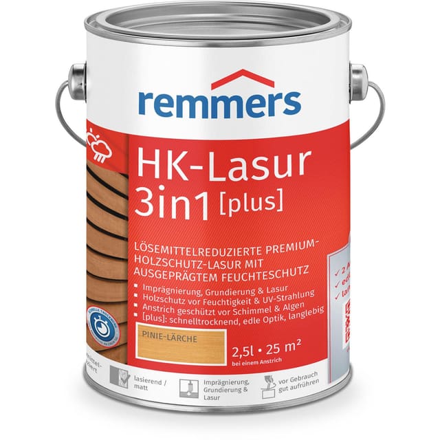 HK-Lasur 3in1 [plus] pinie/lärche, matt, 2,5 Liter, Holzlasur, Premium Holzlasur außen, 3fach Holzschutz mit Imprägnierung + Grundierung + Lasur