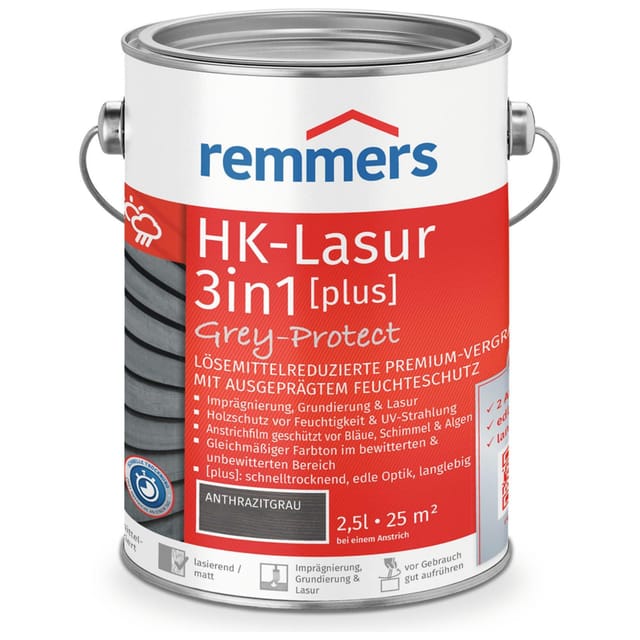 HK-Lasur 3in1 Grey Protect [plus] anthrazitgrau, matt, 2,5 Liter, Holzlasur, Premium Holzlasur außen, natürliche Grautöne, 3in1 Holzschutz - Remmers