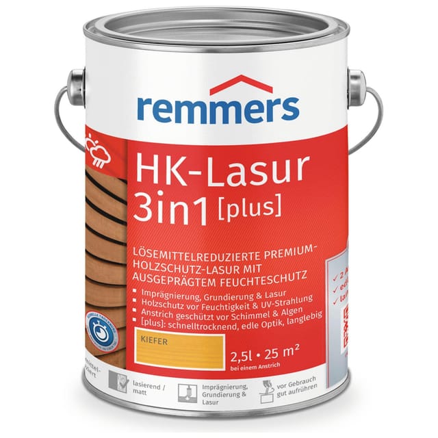 HK-Lasur 3in1 [plus] kiefer, matt, 2,5 Liter, Holzlasur, Premium Holzlasur außen, 3fach Holzschutz mit Imprägnierung + Grundierung + Lasur - Remmers