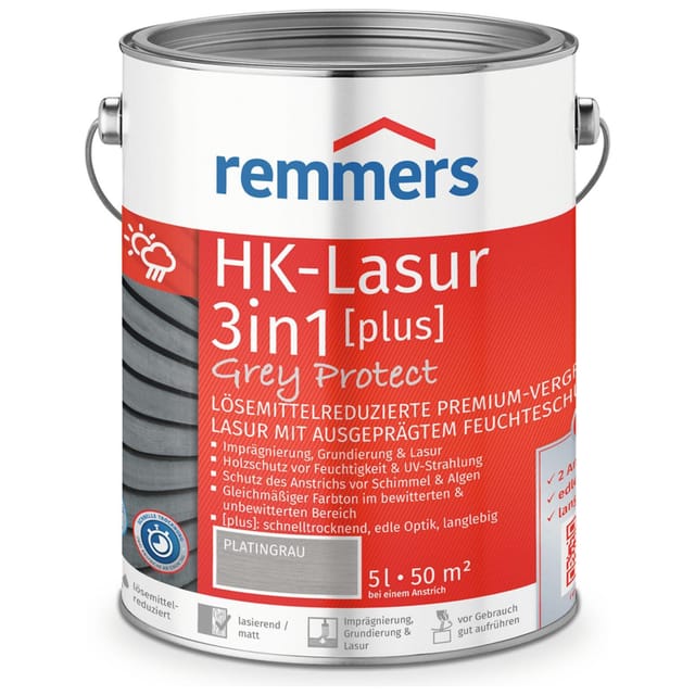 HK-Lasur 3in1 Grey Protect [plus] platingrau, matt, 5 Liter, Holzlasur, Premium Holzlasur außen, natürliche Grautöne, 3in1 Holzschutz - Remmers