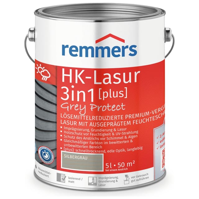 Remmers HK-Lasur 3in1 Grey Protect [plus] silbergrau, matt, 5 Liter, Holzlasur, Premium Holzlasur außen, natürliche Grautöne, 3in1 Holzschutz