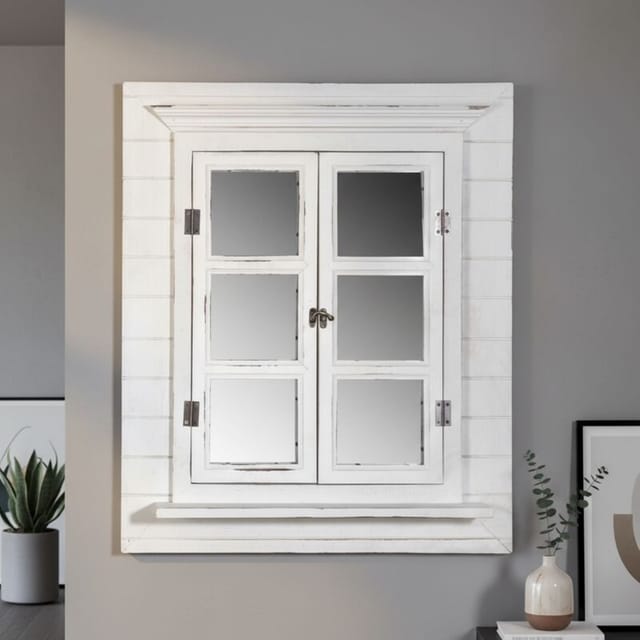 Wandspiegel mit Fensterläden 64x54cm Shabby Chic Weiß Spiegelfenster mit Ablage Hängespiegel mit Fenster Fotorahmen 13x13 cm - Melko