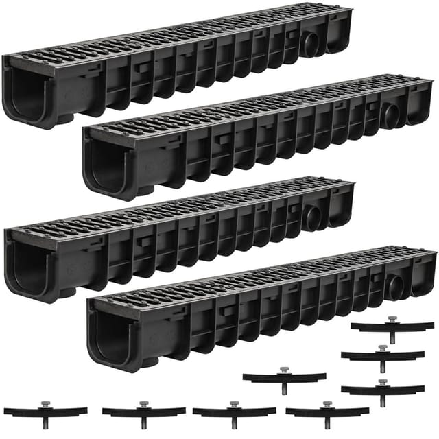 Entwässerungsrinne Entwässerungskanal C250, 4 Meter, Gussrost - passend für DN75 und inkl. Adapter für DN110 - Melko