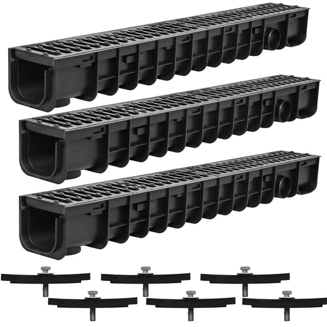 Entwässerungsrinne Entwässerungskanal C250, 3 Meter, Gussrost - passend für DN75 und inkl. Adapter für DN110 - Melko