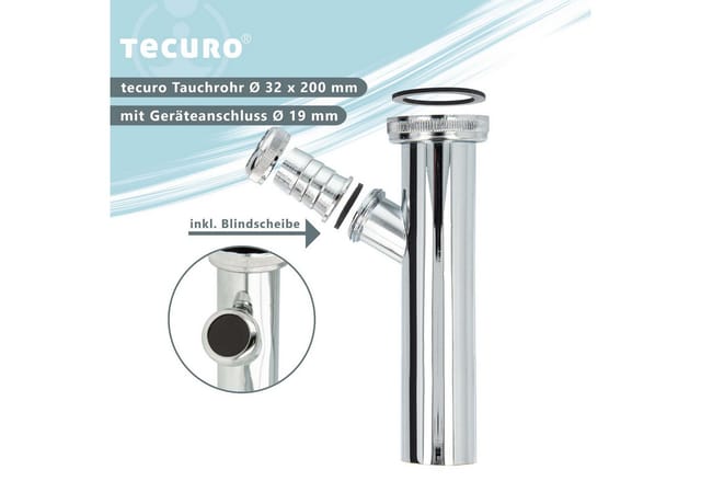 Tecuro - Tauchrohr ø 32 x 200 mm mit Geräteanschluss ø 19 mm, Messing-verchromt