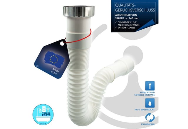 Flexibler Geruchsverschluss 1 1/2 Zoll auf ø 40/50, ausziehbar 340-740 mm - Tecuro