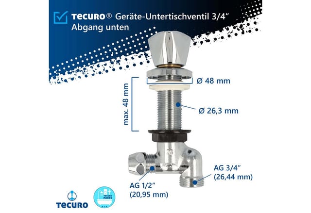 Tecuro - Geräte-Untertischventil 3/4 Zoll, Abgang unten, zum Absperren von Geräten