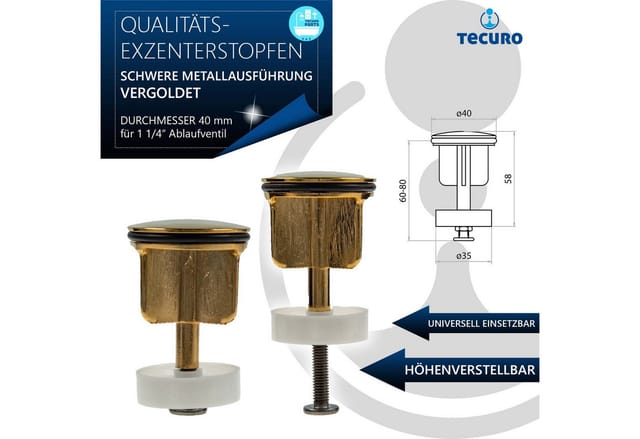 Tecuro - Excenterstopfen ø 40 mm für 1 1/4 Zoll Ablaufventil - vergoldet