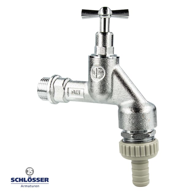 Schlösser Armaturen - js dvgw - Auslaufventil 1/2 Zoll mit Knebeloberteil, rv und Rohrbelüfter, matt verchromt