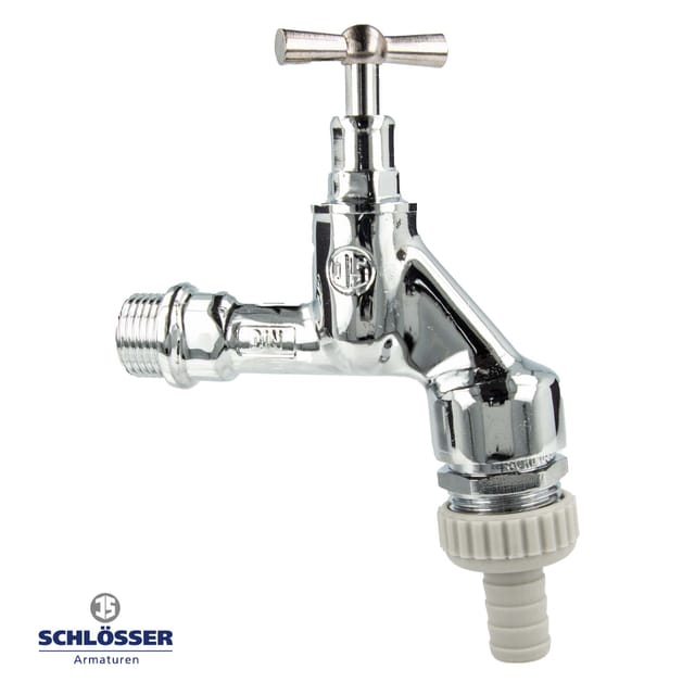 Schlösser Armaturen - js DVGW-Auslaufventil 1/2 Zoll mit Knebeloberteil, rv und Rohrbelüfter, poliert verchromt